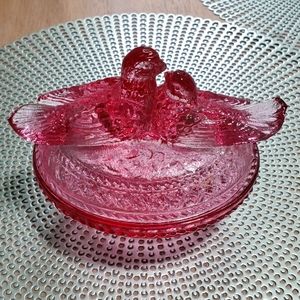 Vintage Mosser glassware pink lovebirds dish